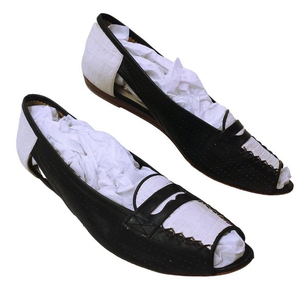 Vintage 80s Geoffrey Beene Bag Flat Shoes -6.5B Peek-a-Boo Toe Penny Loafer - Picture 2 of 11